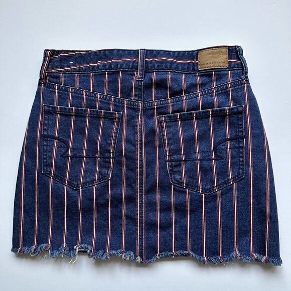 American Eagle Hi-Rise Mini Skirt Jean Stretch Blue Red Stripe Size 6 - Picture 3 of 9